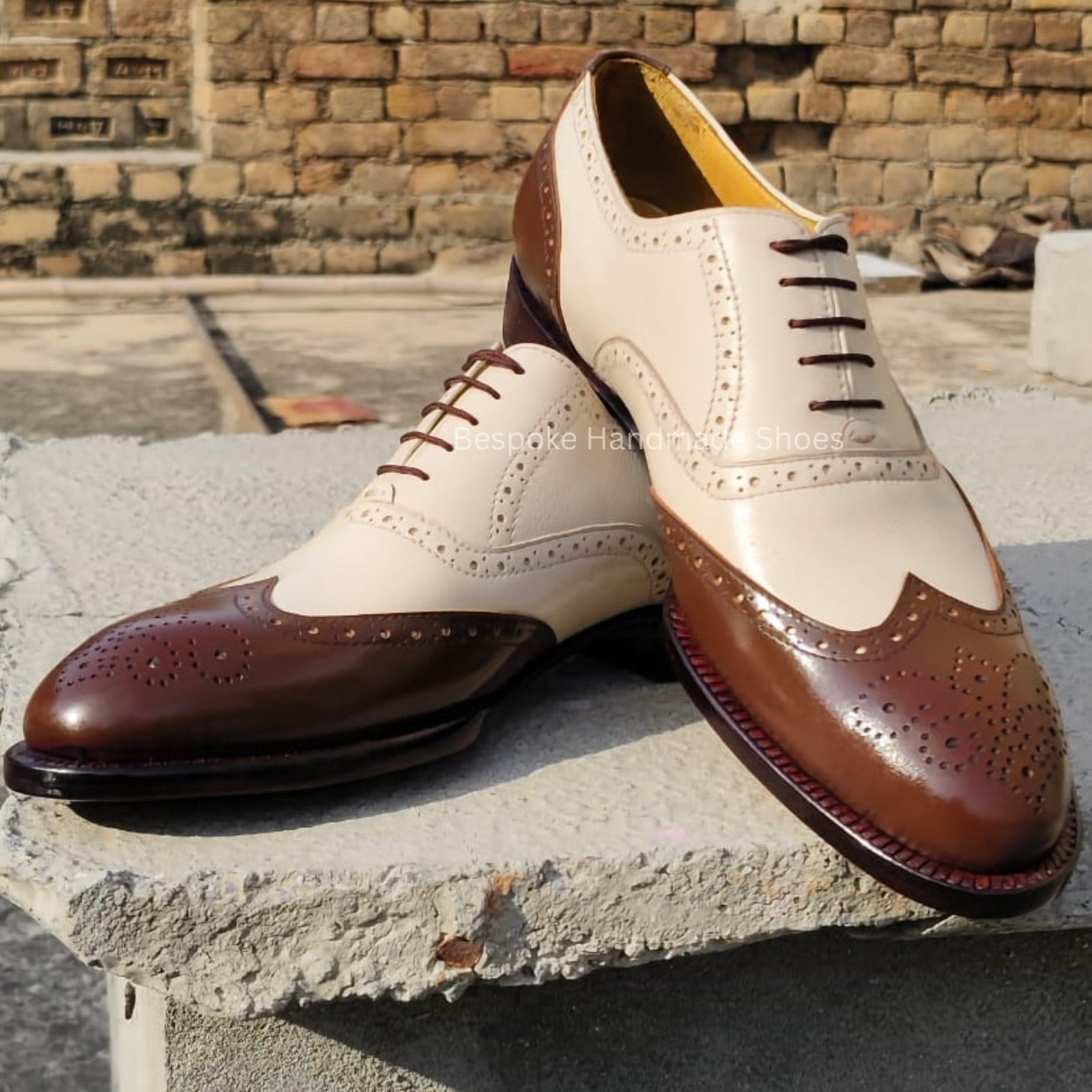 Custom Made Men's White, Brown Color Leather Oxford Wingtip Brogue Lace Up Top Fashion Wear Dress Shoes Men