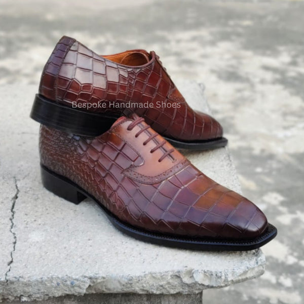 New Handmade Men's Brown Alligator Leather Texture Lace Up Whole-Cut Dress Casual Wear Shoes Men