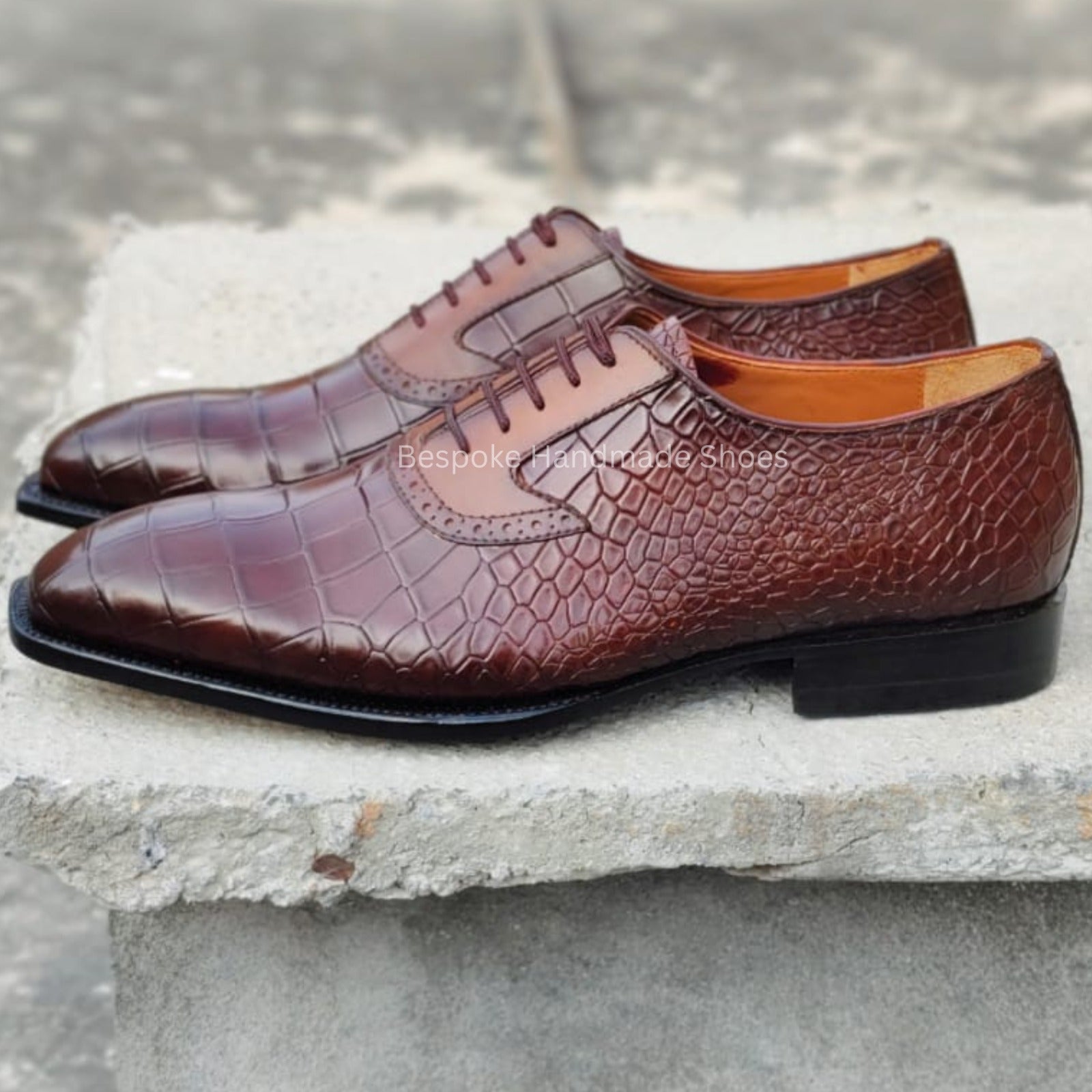 New Handmade Men's Brown Alligator Leather Texture Lace Up Whole-Cut Dress Casual Wear Shoes Men