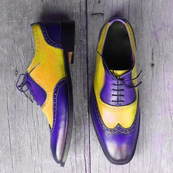 Handcrafted New Men's Blue and Yellow Leather Oxford Dress Shoes for Men Lace Up Dress Formal Wear Gift Shoes