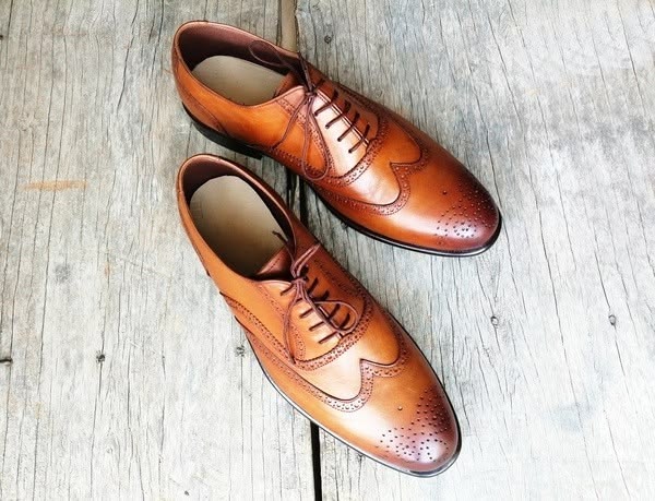 Bespoke Men's Handcrafted Orange Tan Leather Oxford Wingtip Brogue Lace Up Shoes
