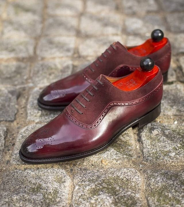 Bespoke Men's Burgundy Leather Suede Oxford Whole-Cut Lace Up Dress Shoe Men