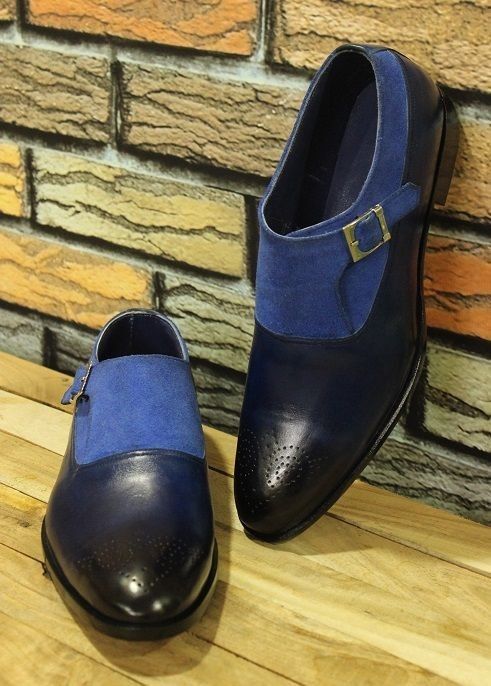 Bespoke Business Formal Shoe Green Leather Green Suede Monk Strap Party Shoes