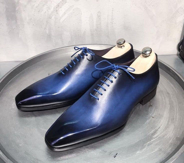 Bespoke Handmade Men Blue Color Leather Oxford Formal Dress Lace Up Dress Shoes