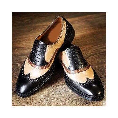 Bespoke Handcrafted Men's Two Tone Leather Oxford Wingtip Brogue Lace Up Dress Shoes