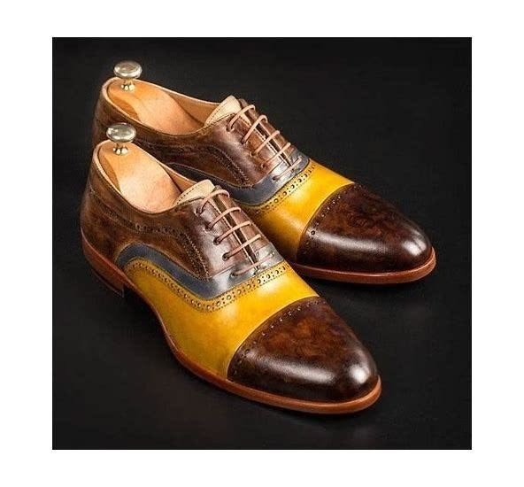 Bespoke Men's Three Tone Oxford Lace Up Toe-Cap Formal Dress Wedding Shoes
