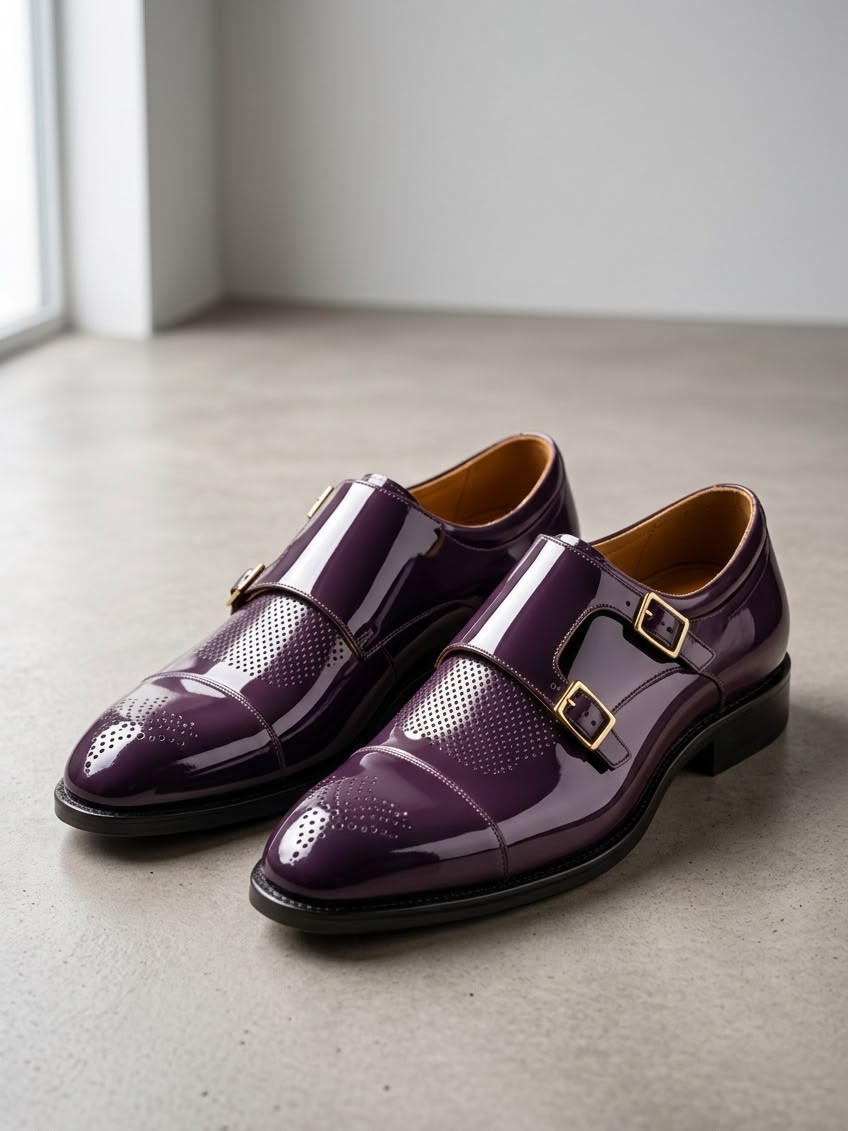 New Men's Handstitched Purple Color Leather Double Monk Toe-Cap Premium Quality Dress Shoes