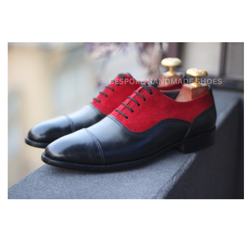 Custom Made Men's Black Leather, Red Suede Oxford Cap-Toe Lace Up Dress Formal Wear Shoes