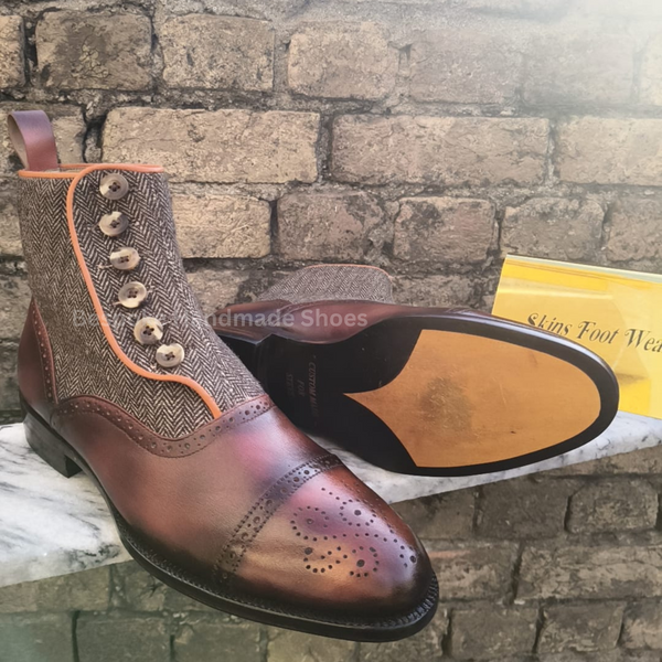 Custom Made New Men's Brown Color Leather & Fabric Oxford Buttons Cap-Toe Brogue High Ankle Casual Wear Boots Men