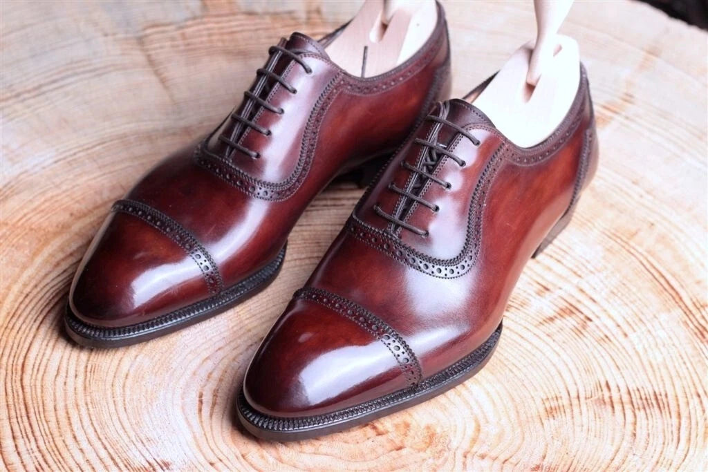 Bespoke Handcrafted Men's Burgundy Color Leather Oxford Toe-Cap Lace Up Dress Formal Wear Party Shoes