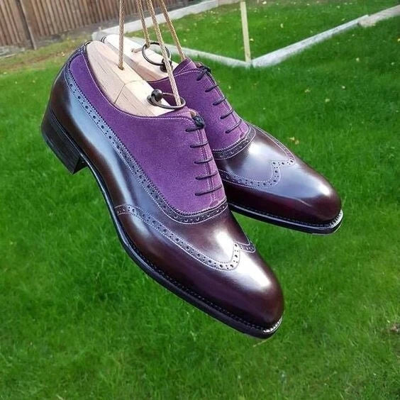 Bespoke Men's Handmade Purple Leather, Suede Oxford Wingtip Lace Up Fashion Shoes