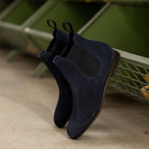 Handmade Blue Suede Cow Leather Chelsea Boots Men, Leather Dress Boots