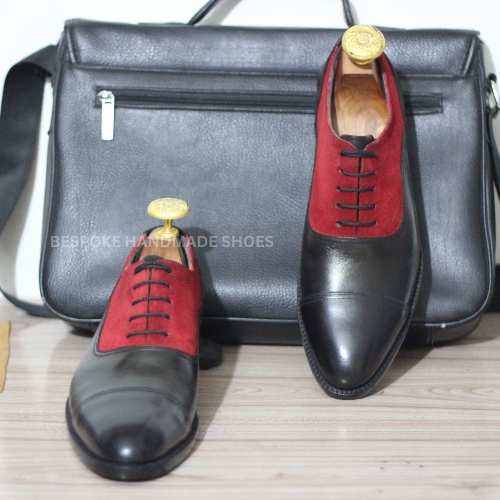 Custom Made Men's Black Leather, Red Suede Oxford Cap-Toe Lace Up Dress Formal Wear Shoes