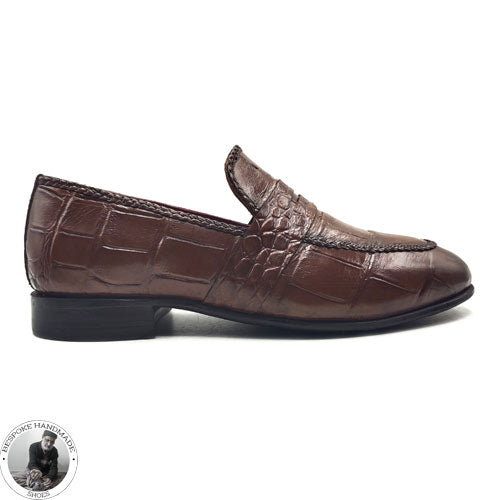 Bespoke Pure Handmade Brown Alligator Leather textured slip on Oxford Shoes For Men, Elegant Shoes For Men