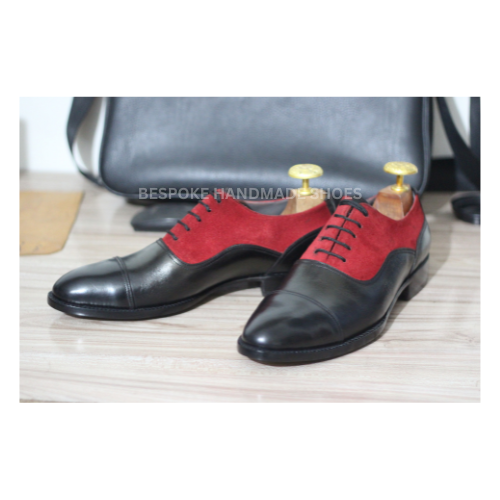 Custom Made Men's Black Leather, Red Suede Oxford Cap-Toe Lace Up Dress Formal Wear Shoes