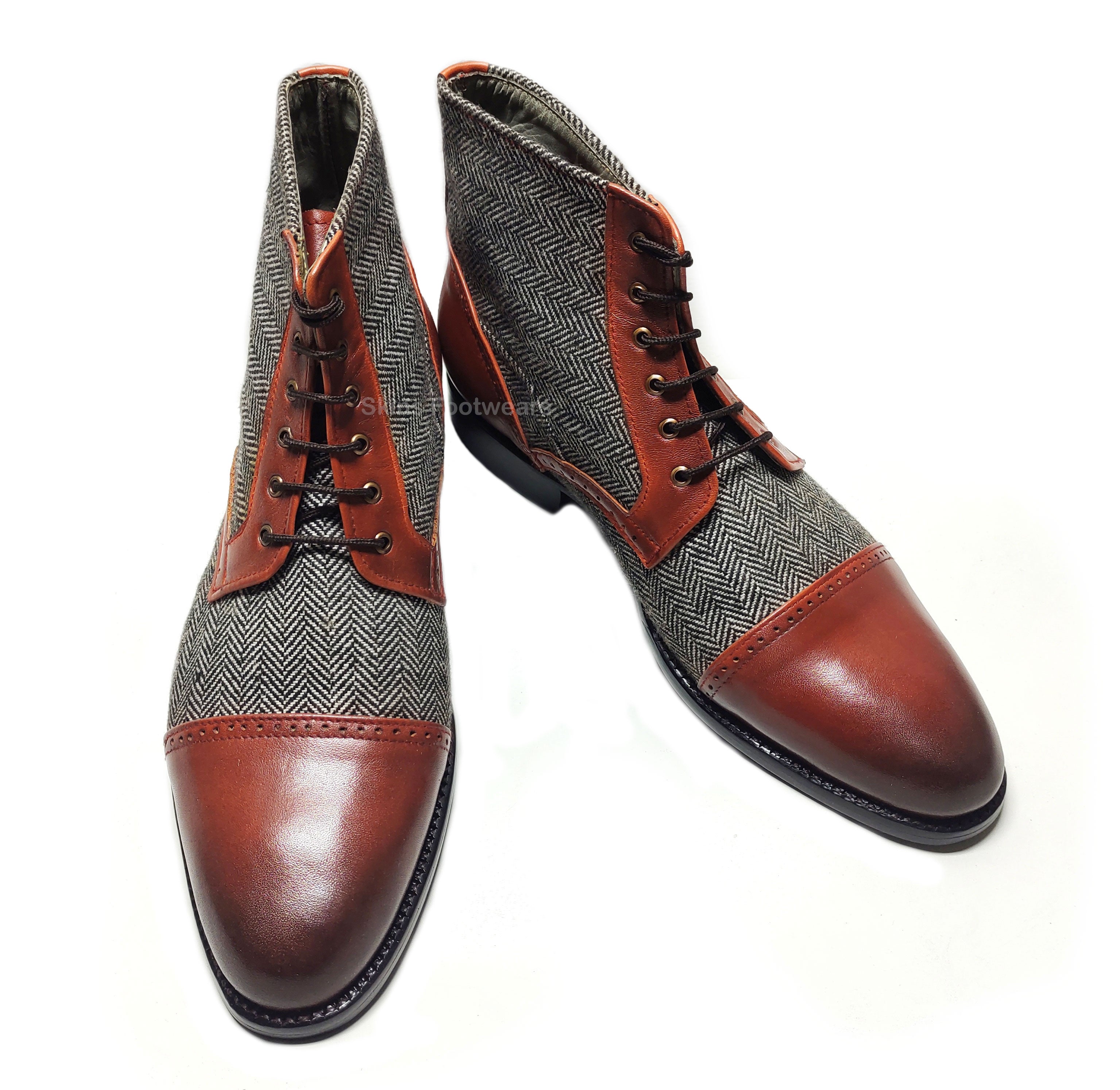 New Handmade Genuine Brown Leather And Fabric Lace Up Ankle Toe Cap Derby Boots for Men