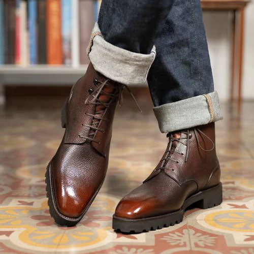 Bespoke Handcrafted Grain Brown Shaded Leather Ankle Derby Lace Up Dress Boots
