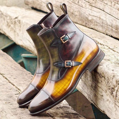 Handmade Three Tone Leather Ankle Double Monk Strap Toe Cap Dress/Formal Boots